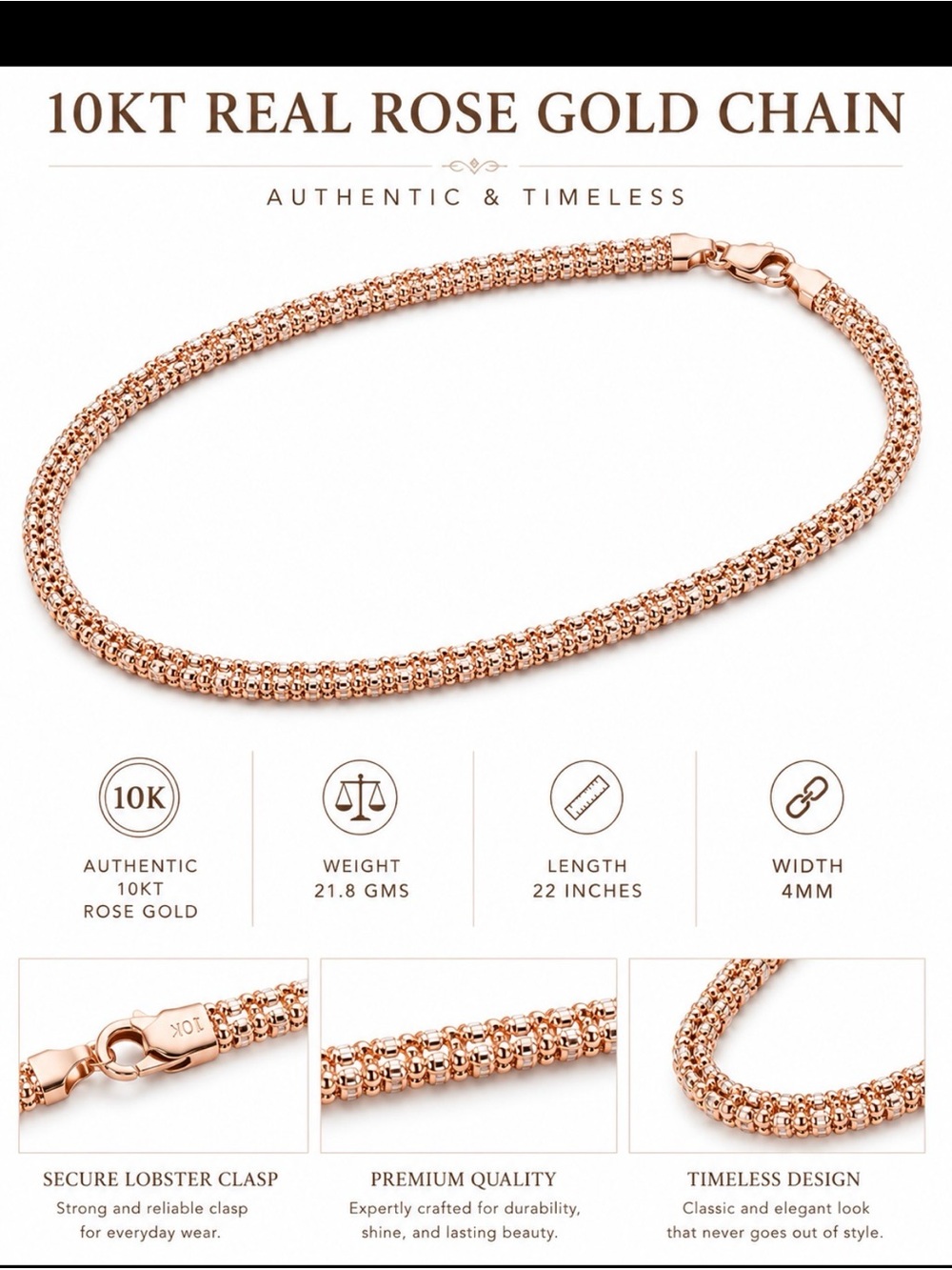 10KT Rose Gold Rope Chain Necklace - Rose Gold